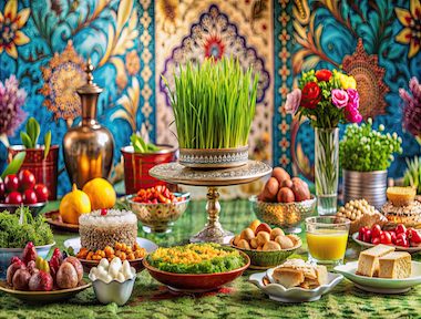 Colorful Nowruz celebration with traditional Haft-Seen table , Nowruz, Persian New Year, Haft-Seen, celebration