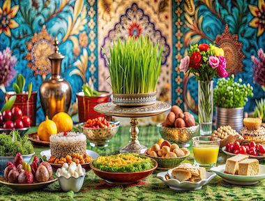 Colorful Nowruz celebration with traditional Haft-Seen table , Nowruz, Persian New Year, Haft-Seen, celebration